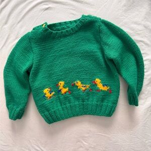 Intarsia knit handmade ducklings green toddler sweater • acrylic knit • 2-3 yrs